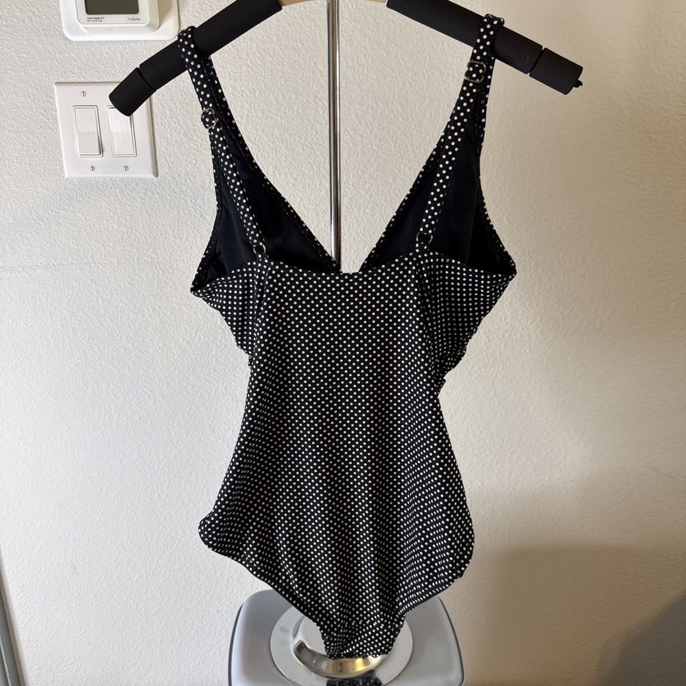 DKNY One Piece Swimsuit Ruched Sides Slimming V Neck Polkadot Black 10 - Picture 2 of 6